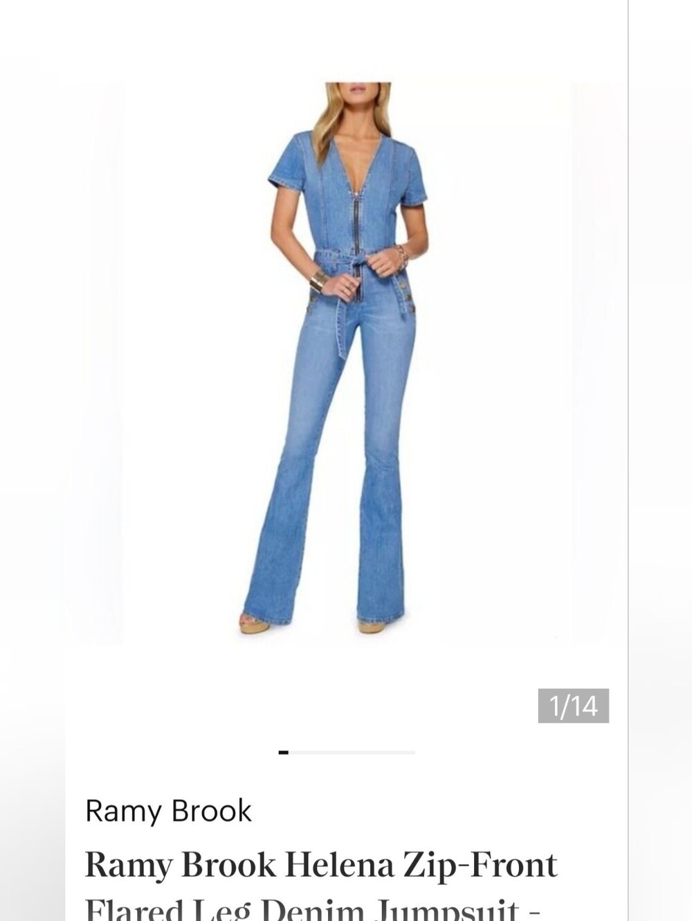 Ramy Brook Helena Light Blue Zip-Front Flared Denim Jumpsuit